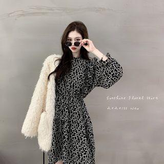 Puff-sleeve Floral Print Midi A-line Dress / Fluffy Jacket
