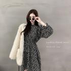Puff-sleeve Floral Print Midi A-line Dress / Fluffy Jacket