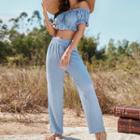 Set: Short-sleeve Off-shoulder Crop Top + Wide Leg Pants