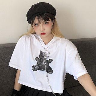 Short-sleeve Bear Print Cropped T-shirt White - One Size