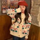 Cherry Jacquard Cardigan White & Green & Red - One Size
