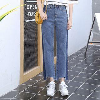 Color Panel High Waist Fray Hem Jeans