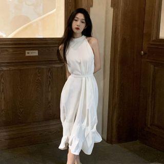 Plain Halter A-line Dress White - One Size