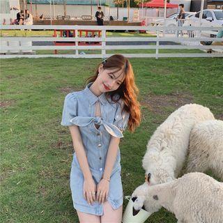 Puff-sleeve Mini Denim Shirtdress Denim Blue - One Size