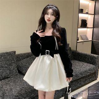 Mock Two-piece Long-sleeve Bow Mini A-line Dress