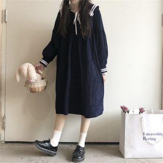 Contrast Trim Long-sleeve Midi Shift Dress As Shown In Figure - One Size