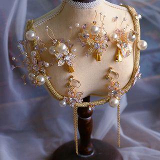 Set: Wedding Faux Crystal Flower Hair Clip + Fringed Earring + Headpiece Hair Clip & Earring & Headpiece - Gold - One Size