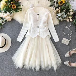 Set: Scallop Hem Cardigan + Spaghetti Strap Midi A-line Mesh Dress