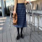 Wool Blend Plaid Midi Skirt Dark Blue - One Size