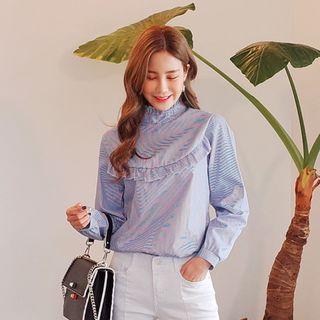 Stand-collar Frill Striped Blouse