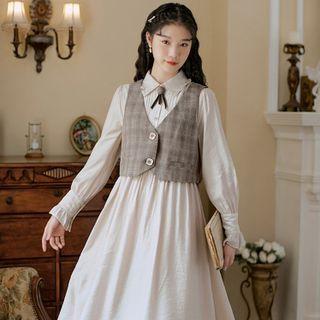 Long-sleeve Collared Midi A-line Dress / Plaid Button-up Vest / Set