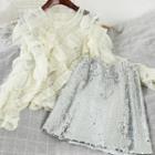 Set: Ruffle Lace Blouse + Sequined A-line Skirt