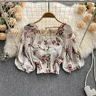 V-neck Floral Ruffle Chiffon Long-sleeve Cropped Top
