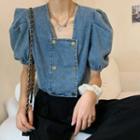 Short-sleeve Double Breasted Denim Top Denim Blue - One Size