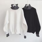 Mock-two Striped Turtle-neck Loose-fit Sweatshirt