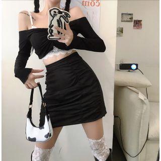 Long-sleeve Off-shoulder Cropped Top / Short-sleeve Off-shoulder Cropped Top / High-waist Ruched Skirt (various Designs)