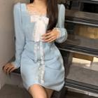 Long-sleeve Lace Trim Bow Knit Mini Dress
