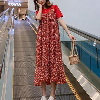 Set: Short-sleeve T-shirt + Floral Print Spaghetti Strap Midi A-line Dress