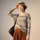 V-neck Striped Knit Top Stripes - Yellow & Brown & Blue - One Size