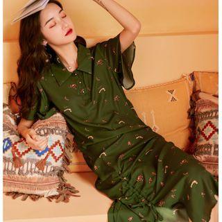 Printed Drawstring Short-sleeve Midi Collared Dress
