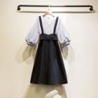Set: Puff-sleeve Striped Buttoned Top + A-line Suspender Skirt