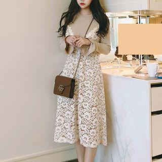 Set: Long-sleeve Top + Strappy Lace Dress