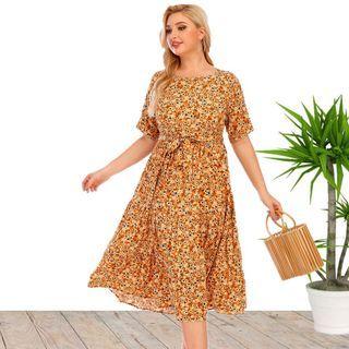 Plus Size Short Sleeve Tie-waist Floral Print A-line Dress