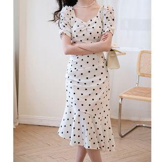 Short-sleeve Dot Print Midi Mermaid Dress