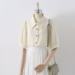 Puff-sleeve Collar Button-up Linen Blouse Almond - One Size