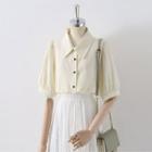 Puff-sleeve Collar Button-up Linen Blouse Almond - One Size
