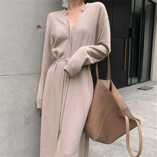 Long-sleeve Tie Waist Plain Knit Dress