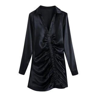Plain V-neck Long Sleeve Sheath Mini Shirt Dress