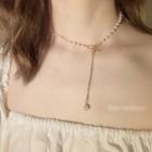 Bow Faux Pearl Pendant Y Choker Ax0527 - 1 Pc - Gold - One Size