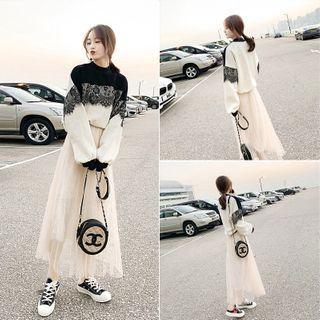 Set: Lace Panel Two-tone Sweatshirt + Mesh Midi A-line Skirt