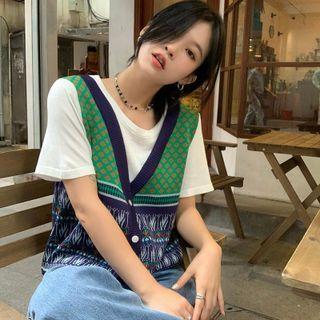 Short-sleeve Mock Two-piece Knit Panel T-shirt