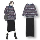 Mock-turtleneck Long-sleeve Top / Patterned Sweater / Midi Ribbed Knit Skirt