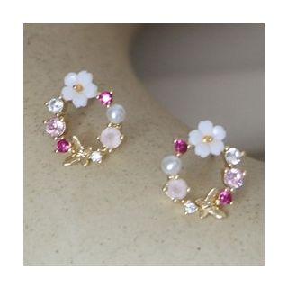 Faux Pearl Rhinestone Flower Mini Hoop Earring