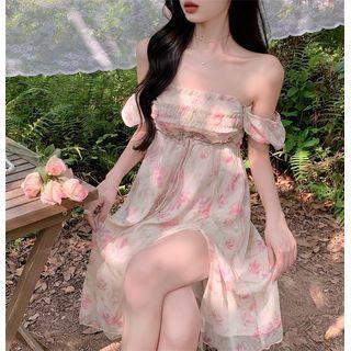 Short-sleeve Floral Midi A-line Dress Pink & White - One Size