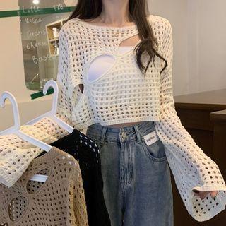 Set: Long-sleeve Perforated Crop Top + Cropped Camisole Top