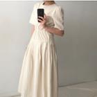 Plain Short-sleeve Pleated Midi A-line Dress