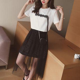 Set : Short-sleeve T-shirt + Mesh Midi Skirt
