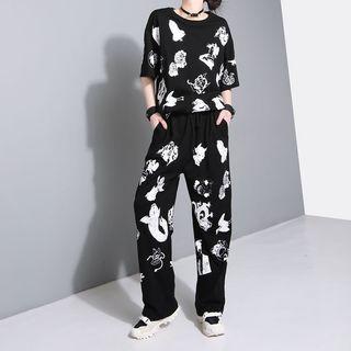 Printed Short-sleeve T-shirt / Wide Leg Pants