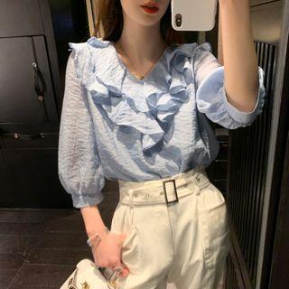Set: Elbow-sleeve Ruffle Trim Blouse + Camisole Top