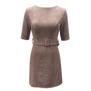 Elbow Sleeve Belted Suede A-line Dress