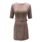 Elbow Sleeve Belted Suede A-line Dress
