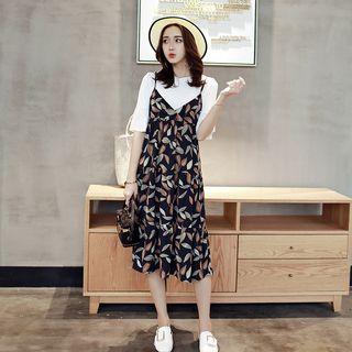 Set: Bell Sleeve Top + Floral Chiffon Dress