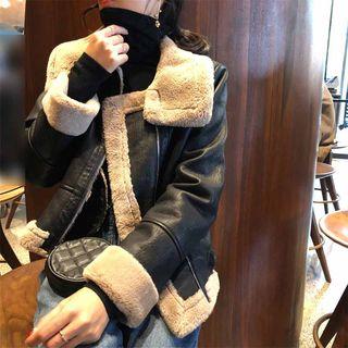 Furry Trim Faux Leather Zip Jacket