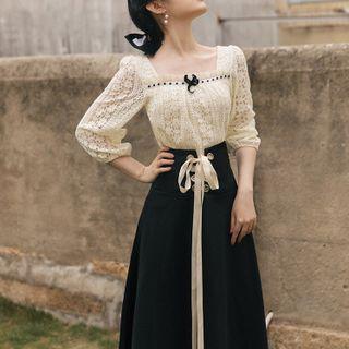 Set: Elbow-sleeve Lace Blouse + Lace-up Midi Skirt