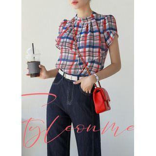 Petal-sleeve Ruffled Plaid Chiffon Blouse