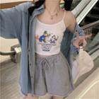 Spaghetti Strap Printed Top / Long-sleeve Shirt / Wide-leg Sweatshorts